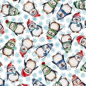 May include: A repeating pattern of watercolor penguins wearing winter hats and scarves in red, green, and blue. The penguins are set against a white background with light blue snowflakes.
