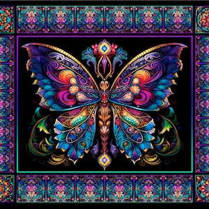 May include: A vibrant, digitally-created butterfly design with intricate details and a kaleidoscope of colors, including blue, purple, orange, and gold. The butterfly is centered on a black background, framed by a decorative border with floral and geometric patterns.