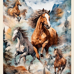 NEW! Running Wild Horses Panel Gorgeous Horses Sophisticated Western Art Chic Decor, 30623-X, QT Fabrics, 100% Cotton, B2015, Sold by PANEL
