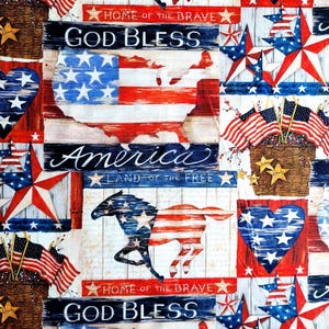 May include: A patriotic fabric design featuring American flags, stars, and the US map in red, white, and blue. The words "America," "God Bless," and "Home of the Brave" are displayed. The design includes a horse silhouette and heart shapes.