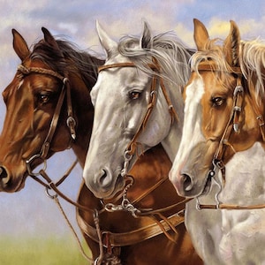 NEW! Ride the Range Three of a Kind Horse Panel Horseback Art Horse Decor, PD12747-THREE, Riley Blake,100% Cotton, B2015,Sold by PANEL