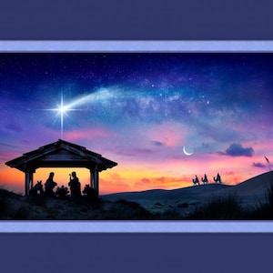 May include: A framed image depicting the Nativity scene under a starry sky. A bright star shines over a wooden shelter with silhouettes of figures. Three figures on camels travel towards the scene, set against a colorful sunset.
