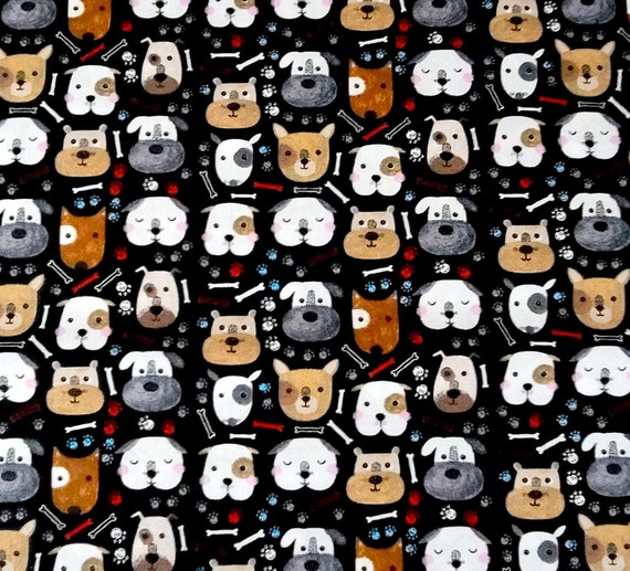 Dog Faces on Black, Relaxing Puppy Dogs and Yummy Bones! 16799660, Joann Fabric, 100% Cotton, R1R1, **By the HALF Yard (BTHY)**