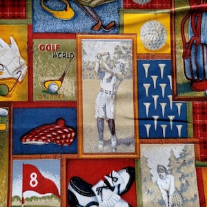 May include: A colorful fabric with a golf theme. The fabric features a variety of golf-related images, including golf clubs, golf balls, golf tees, golf gloves, a golfer, and a golf bag. The fabric is also decorated with a variety of colors, including red, blue, yellow, green, and white. The fabric is perfect for making golf-themed crafts, such as quilts, pillows, and tote bags. The fabric is also perfect for adding a touch of golf style to your home decor.