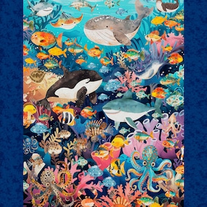 May include: A vibrant, colorful illustration of an underwater scene teeming with marine life. Sharks, whales, and various fish swim among coral and seaweed. An orca and an octopus are also featured in this detailed, whimsical design.