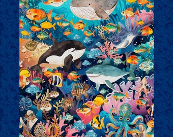 Deep Sea Dazzle Panel Undersea Adventure Whales Octopi Crabs Sharks 31193-N, Dan Morris, QT Fabrics, 100% Cotton, B2050, Sold by PANEL