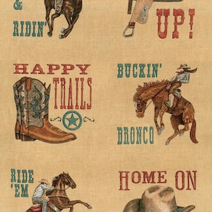 May include: Western-themed illustration with cowboys, horses, and cowboy boots. The image features text like "Ropin' & Ridin'," "Saddle Up!," "Happy Trails," and "Home on the Range." The color palette includes brown, red, and teal.