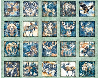 NEW! Mountain Splendor Sage Panel Eagle Moose Elk Buck Wolf Bear Cougar 31581-H, Dan Morris, QT Fabrics, 100% Cotton, Sold by PANEL