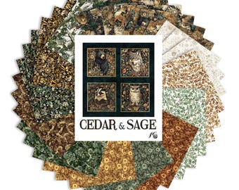 New! Cedar and Sage Layer Cake Eagle Moose Wolf Bear Sage Forest Dan Morris, 10SQ CESG 6PKF, 42 Fabric Pieces LC05, 10" x 10", QT Fabrics