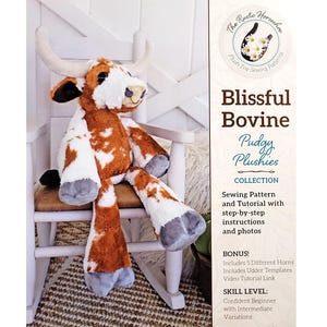 May include: A plush toy cow with brown and white patterned fur, large horns, and gray hooves sits on a white rocking chair. The image includes text that reads "Blissful Bovine Pudgy Plushies Collection" and "Sewing Pattern and Tutorial".