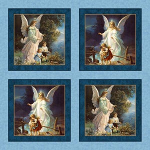 May include: A fabric panel featuring four framed images of angels with children. The angels wear flowing gowns and have large white wings. The background is a blue sky with trees and a fence.
