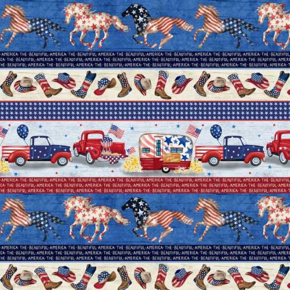 NEW! All American Rodeo Ranch Stripe Western Cowboys Patriotic Horses 100% Cotton,Michael Miller,10931-Multi,B1776,**By HALF Yard (BTHY)**