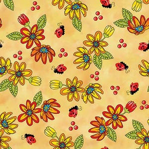 May include: A repeating pattern of stylized flowers and ladybugs on a light orange background. The flowers are yellow, orange, and red with blue centers and green leaves. Small red dots are scattered throughout the design.