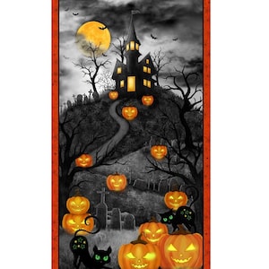 May include: Halloween-themed fabric panel featuring a spooky haunted house on a hill, illuminated jack-o'-lanterns, and black cats. The scene is set against a full moon and a dark, cloudy sky, framed by an orange border.