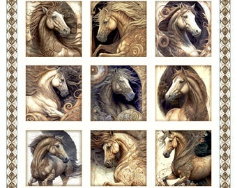 Stallion Song Horse Panel, Great for Horse Lovers! 9 Large Blocks, 29934 E, Dan Morris, QT Fabrics,100% Cotton, B1015, Sold by PANEL