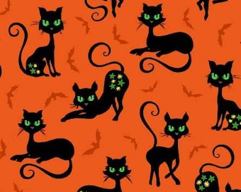 Trick or Treat Halloween Green Eyed Black Cat Crossing Orange Pumpkins, CX10331, Michael Miller, B7013, **By HALF Yard (BTHY)**