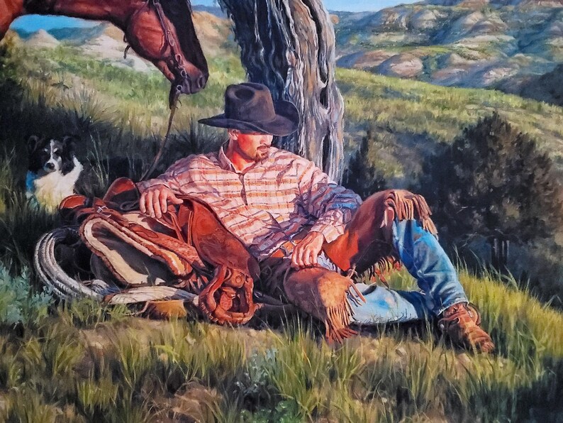 Panel Cowboy Downtime Horse Panel, Cowboy With His Horse and Dog, Western Fabric ...