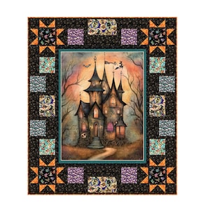 May include: A rectangular quilt featuring a central panel of a gothic castle with pointed towers, a witch on a broom, and bats against a sunset sky. The border consists of black fabric with orange star blocks and squares with colorful Halloween motifs.
