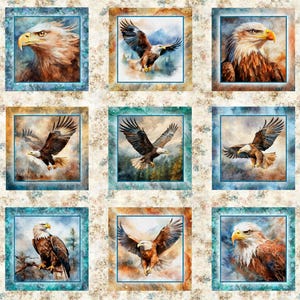 May include: A fabric panel featuring a grid of nine square illustrations of bald eagles in various poses, including flying and perched. The eagles are rendered in brown, white, and yellow tones against cloudy, mountainous, and forest backgrounds.