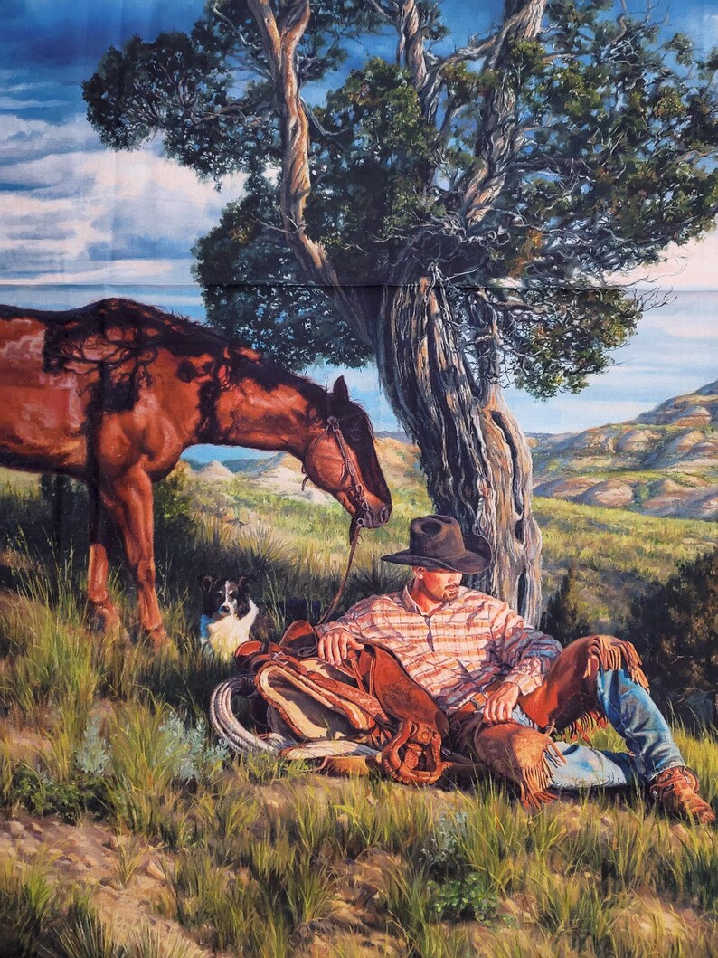 Panel Cowboy Downtime Horse Panel, Cowboy With His Horse and Dog, Western Fabric ...