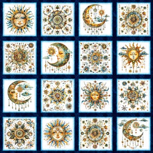 May include: A fabric panel featuring a grid of sixteen square blocks with celestial motifs including suns, crescent moons, and intricate mandalas in shades of gold, blue, and white, framed by a dark blue border with a repeating floral pattern.