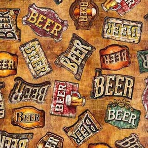 May include: A repeating pattern of vintage-style beer signs in various shapes and colors. The signs feature the word "BEER" in bold, distressed lettering, with a rustic, aged appearance. The background is a warm, wood-toned color.