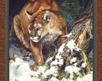 Mountain Lion Winter Lookout Cougar Snowy Mountain Forest Puma Home Decor Great for Wall Art, MDG, 100% Cotton, B2013, R3R5, Sold by PANEL