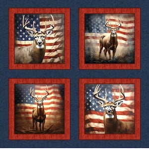 Red White and Buck Deer Pillow Panel, Gorgeous Ten Point Buck with American Flag, Home Decor, Wall Art,MDG, 100% Cotton, B2008,Sold by PANEL
