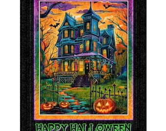 NEW! Happy Haunting Halloween Panel Haunted House and Pumpkins Galore Gorgeous Design by Dan Morris, 31042-X,B2035, 36" x 43" Panel