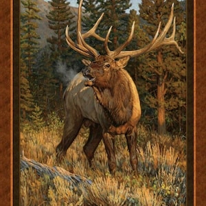 May include: A large, brown elk with a large rack of antlers stands in a forest clearing. The elk is facing the viewer and has its mouth open, as if it is calling. The elk is surrounded by tall trees and green grass.
