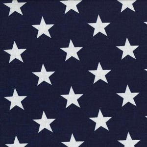 May include: A navy blue fabric with a repeating pattern of white, five-pointed stars. The stars are evenly spaced across the surface, creating a classic, patriotic design. The fabric has a slightly textured appearance.