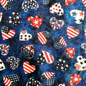 NEW! American Freedom Patriotic Red White Blue Heart on Blue #24 Americana Country Flag Happy 4th of July,R1776,**By HALF Yard (BTHY)**