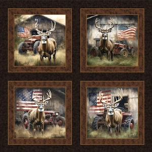 Homestead Buck Deer Pillow Panel, American Flag Monster Buck, Mature White-tailed Deer by Barn and Tractor, B1776, MDG 36&quot; x 45&quot; Panel