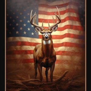 NEW! Standing Proud Deer Panel, Gorgeous Patriotic Ten Point Buck with American Flag, Home Decor, Wall Art, 100% Cotton, B2008,Sold by PANEL