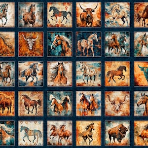 May include: A fabric panel featuring a grid of square images with a Western theme. Each square showcases a different illustration of horses, longhorn cattle, and bison in various poses and colors, set against a textured background.