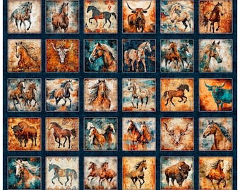 NEW! Born to Run Horses Panel by Dan Morris Wild Untamed Horses 30 Blocks, 31476-Q Blue, QT Fabrics, 100% Cotton, OC1R5, Sold by PANEL