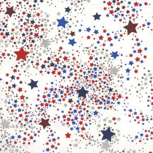 NEW! Stars on Glitter Patriotic Red Blue Star on White Old Glory Americana Happy 4th of July, B1776, **By HALF Yard (BTHY)**
