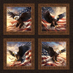 May include: Four framed images of a bald eagle with outstretched wings flying over an American flag. The eagle is in flight with its talons extended. The flag is waving in the wind. The background is a blue sky with clouds.