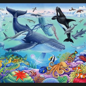 May include: A vibrant illustration of an underwater scene teeming with marine life. Whales, sharks, dolphins, and various fish swim amidst coral and seaweed. A colorful octopus and clownfish add to the lively depiction of the ocean.