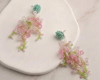 Lavender Pink Beadwork Earrings, Sterling Silver, Floral Jewelry