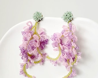 Lavender Bead Flower Earrings, Sterling Silver, Artisan Jewelry