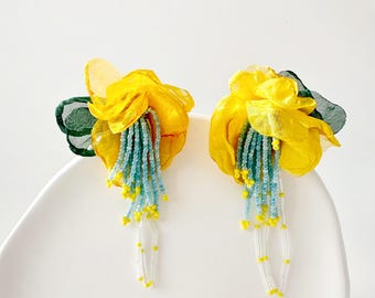 Fabric Flower Earrings, Beaded Bouquet, Sterling Silver, Yellow Floral, Artisan Jewelry
