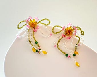 Beaded Flower Earrings, Sterling Silver, Artisan Jewelry
