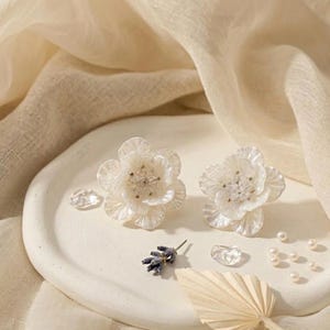 Pearl Flower Stud Earrings, Shell Petal Floral Bridal Jewelry, Sterling Silver