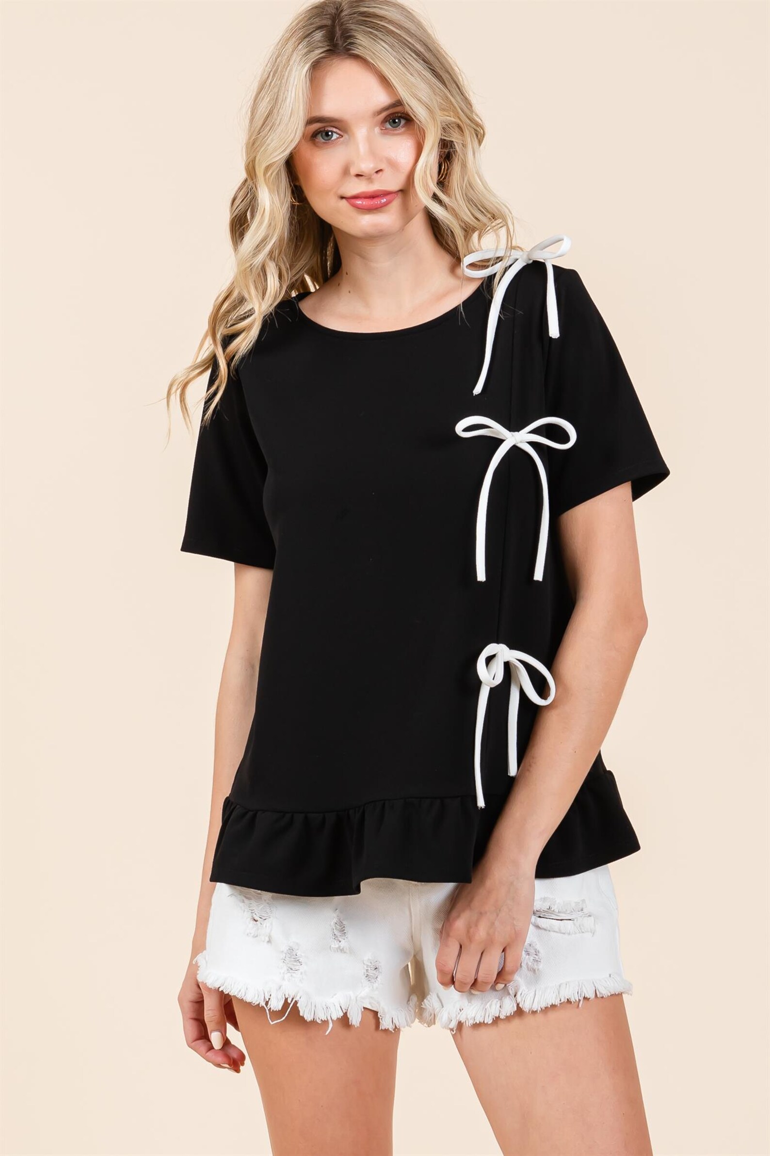 Bow Pattern Short Sleeves Boxy Mesh Top