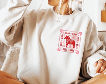 Scandinavian Dala Horse Sweatshirt, Mythology Design Graphic Shirt, Traditional Swedish Folk Art T-Shirt, Christmas Cottagecore Shirt,FF94