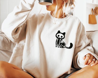 Skeleton Cat Sweatshirt, Halloween Skeleton Black Cat Shirt, Spooky Cat Lady  Hoodie, Gothic Cat Owner Hoodie, Trendy Cat Mom Gift,FF184