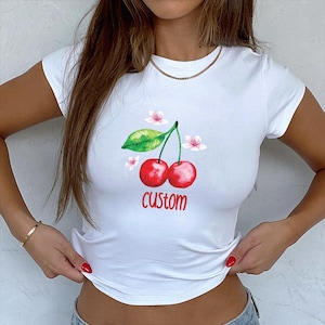 Custom Cherry 90&#39;s Baby Tee, Personalized Cherry Lover Crop Top, Vintage Cherry Tank Top, Preppy Summer Tee, Gift for Gardener Mom, F905
