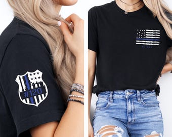 Custom Police Shirt, Personalized Badge Number on Sleeve Sweatshirt, Thin Blue Line Hoodie, Gift for Police Wife, Police Mom Gifts, F747