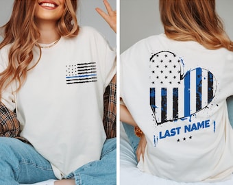 Custom Police Shirt, Personalized Last Name American Flag Sweatshirt, Thin Blue Vertical Line Flag Hoodie, Trendy Gift for Police Wife, F748